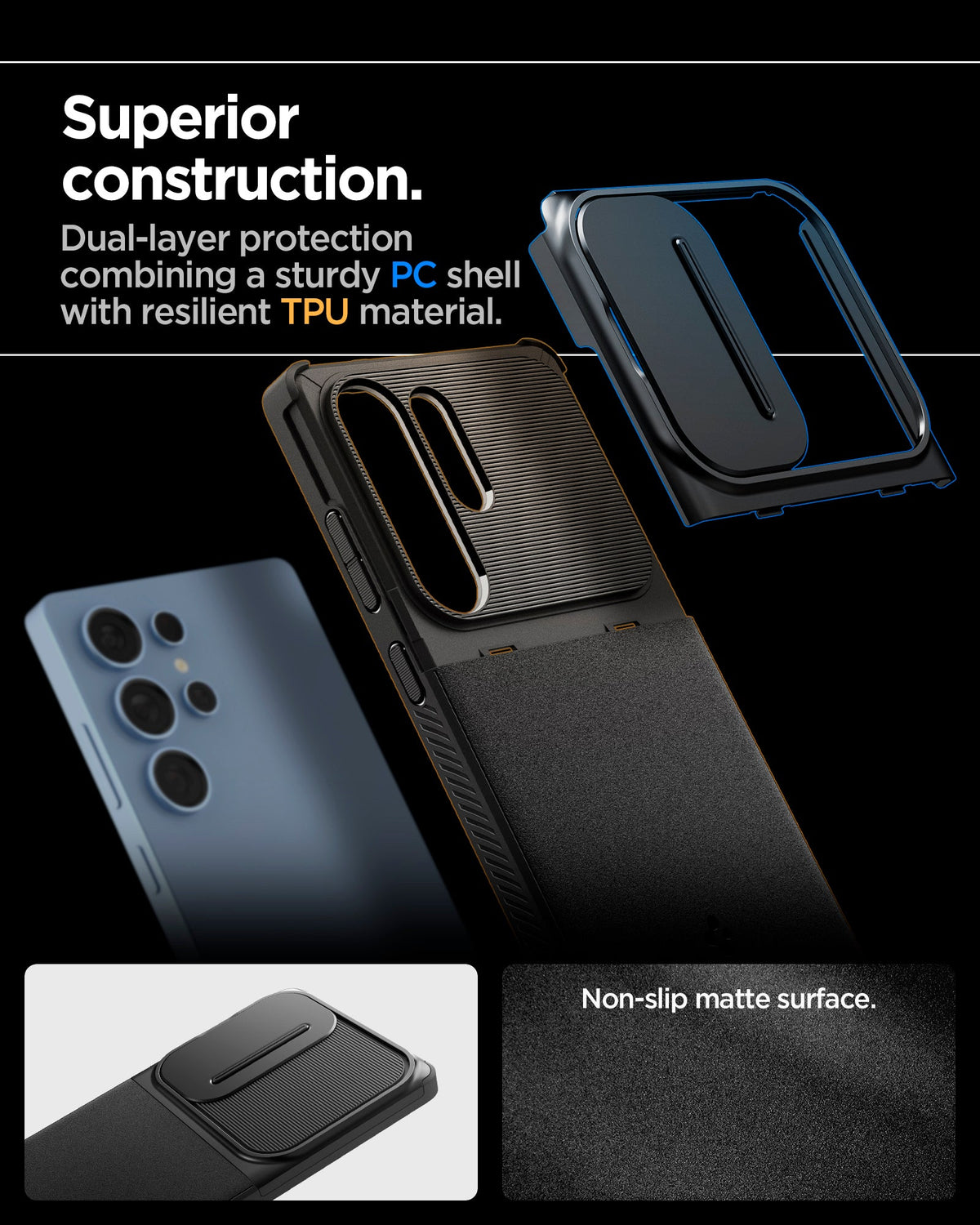 ACS08969 - Galaxy S25 Ultra Case Optik Armor in Black superior construction. Dual-layer protection combining a sturdy PC shell with resilient TPU material.
