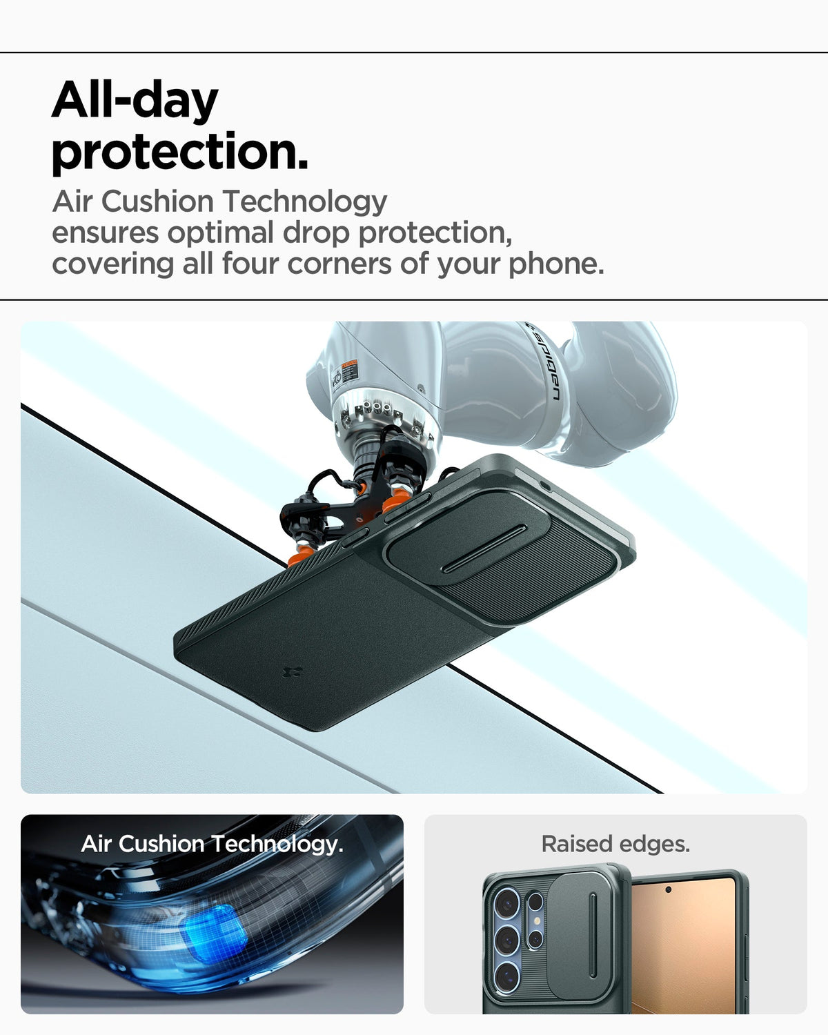 ACS08970 - Galaxy S25 Ultra Case Optik Armor in Abyss Green all day protection. Air cushion technology ensures optimal drop protection, covering all four corners of your phone.