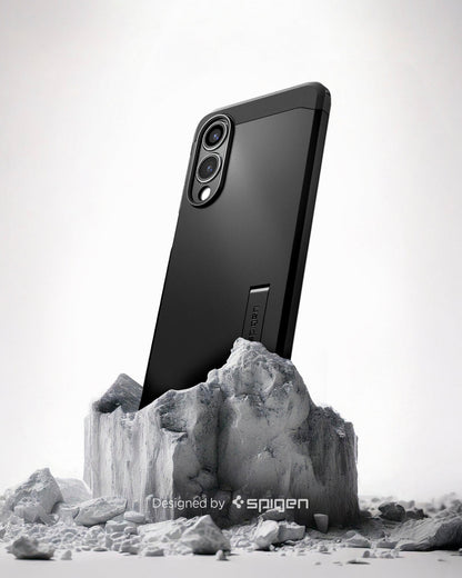 ACS09422 - Galaxy S25 Edge Case Tough Armor AI (MagFit) in Black showing the back and partial side, device sitting on the rock