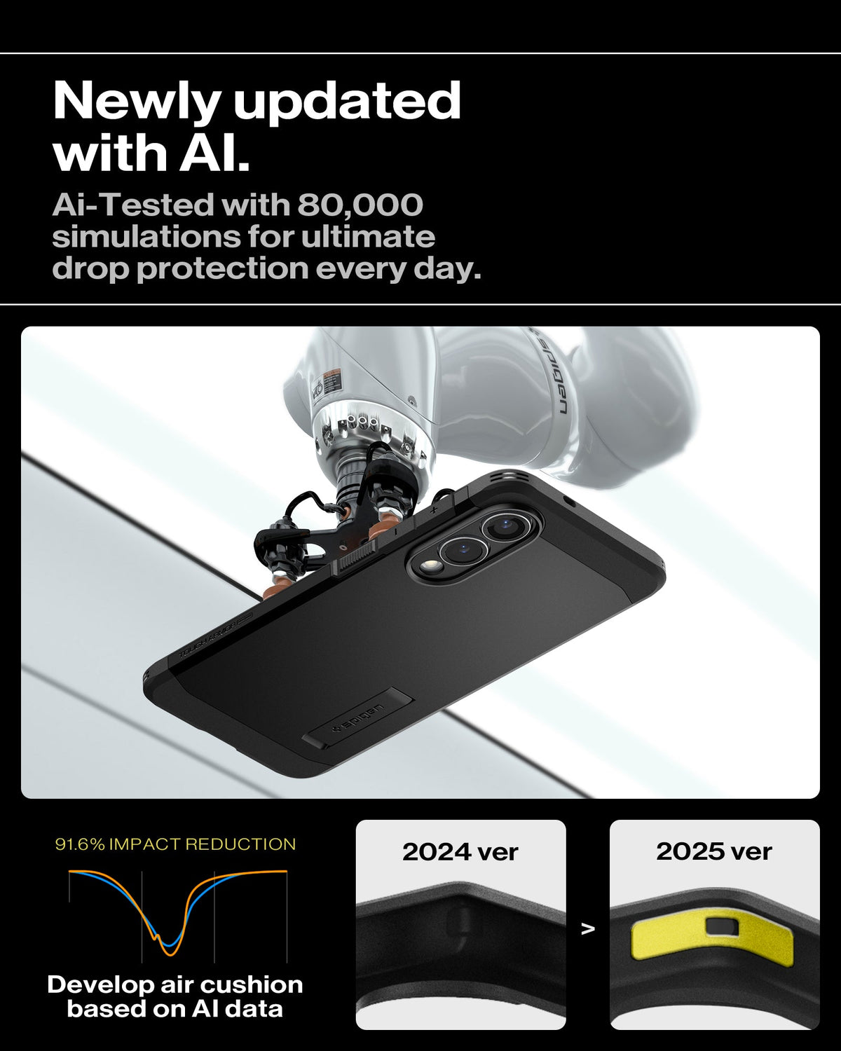 ACS09422 - Galaxy S25 Edge Case Tough Armor AI (MagFit) in Black showing the newly updated with AI. Ai-Tested with 80,000 simulations for ultimate drop protection every day