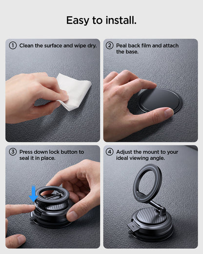 ACP11667 - STIK Dashboard Car Mount | STK100 (Mag Fit) showing a four-step guide for cleaning, attaching, locking, and adjusting the mount