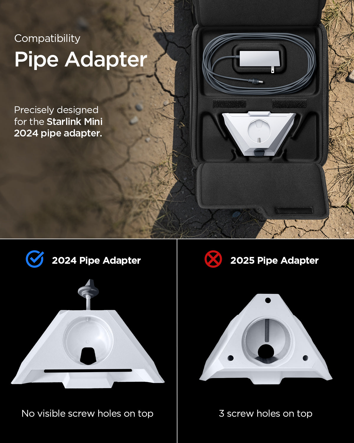 AFA09372 - Starlink Mini Carrying Case in black showing pipe adapter. compatible with 2024 pipe adapter no visible screw holes on top