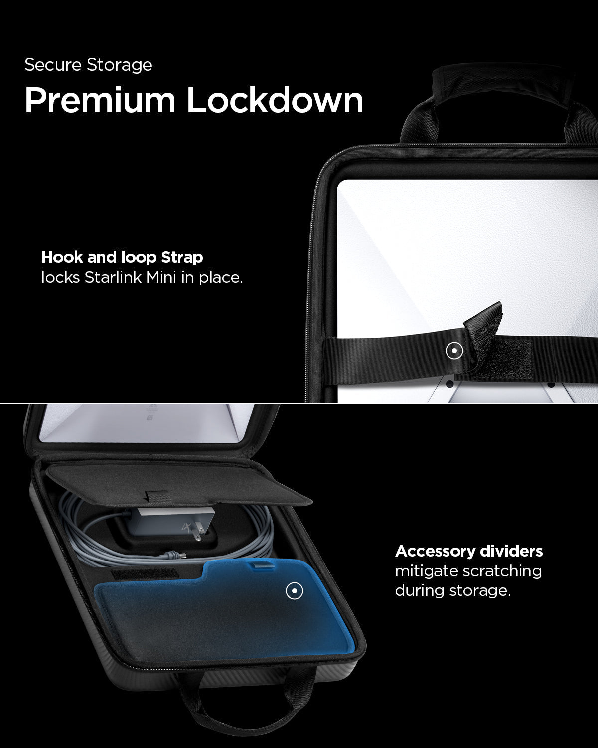 AFA09372 - Starlink Mini Carrying Case in black showing the secure storage feature