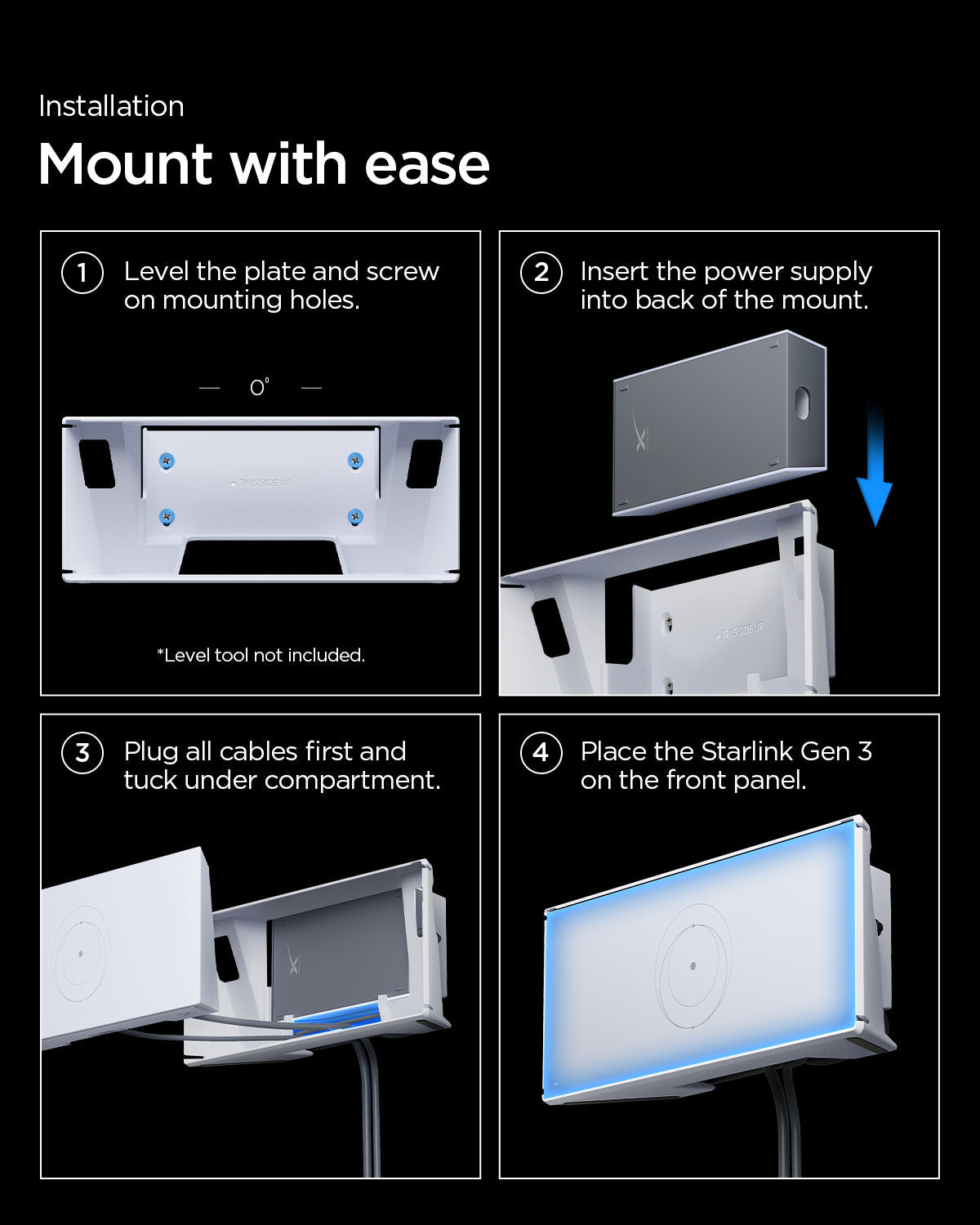 AMP09408 - Starlink Gen 3 Mount | STL310 in White showing the installation 4 step process of mounting.