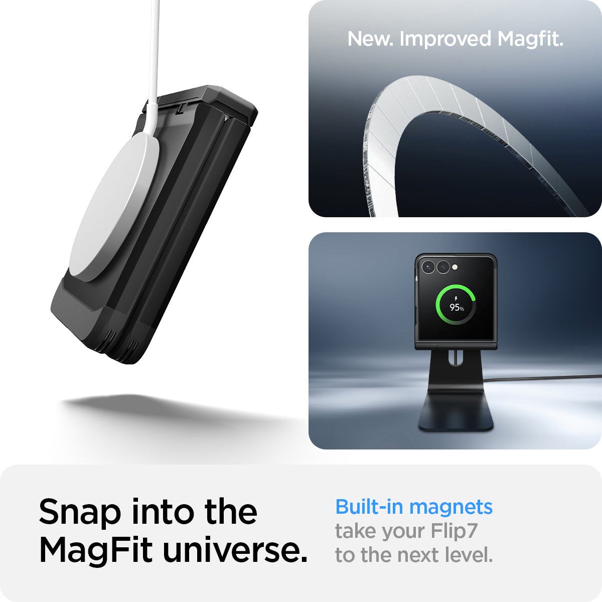 ACS09561 - Galaxy Z Flip 7 Case Tough Armor Pro (MagFit) in black showing the new and improved magfit. Snap into the MagFit universe. Built-in magnets take your device to the next level
