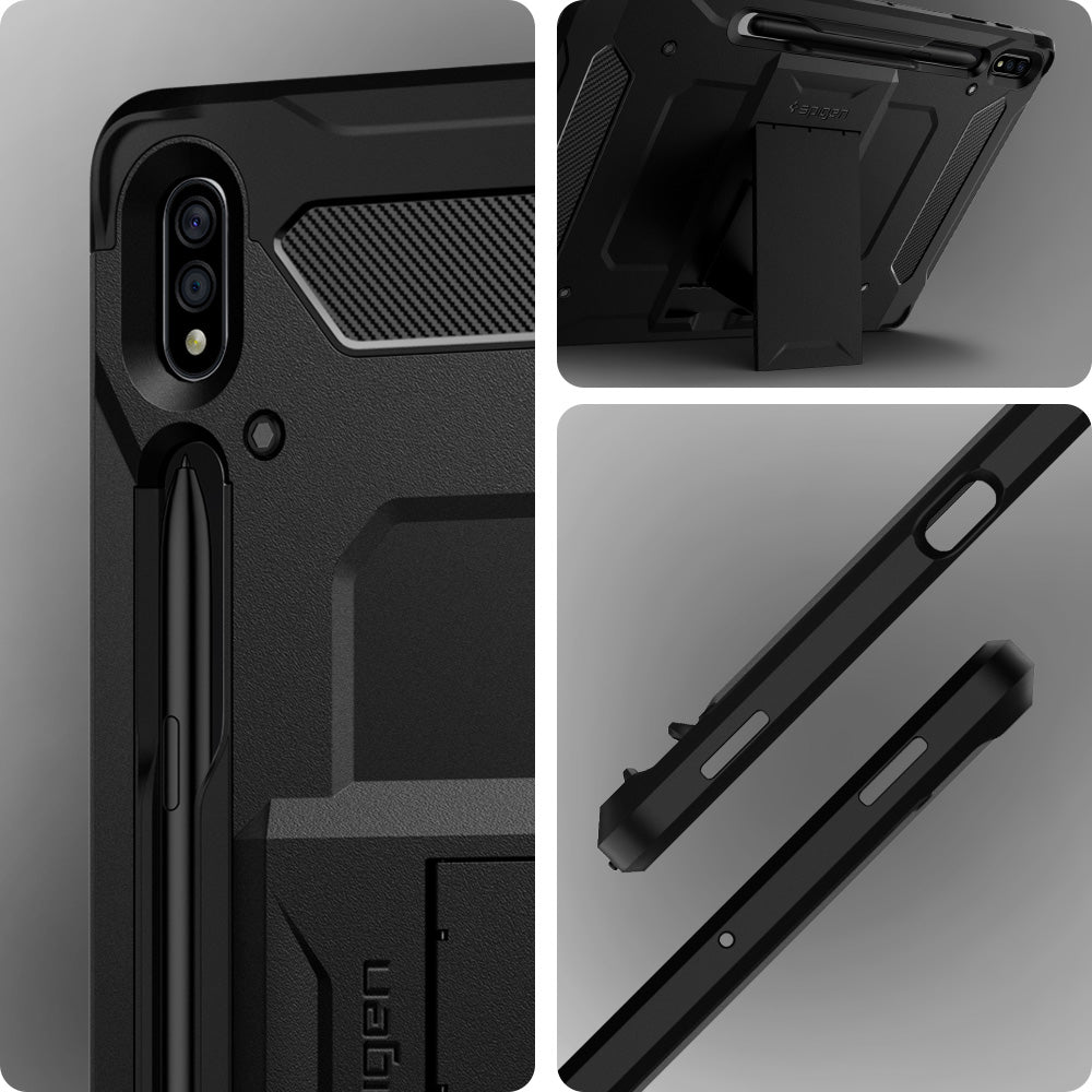 ACS01609 - Galaxy Tab S8 Plus Case Tough Armor Pro in black showing front and back and side.