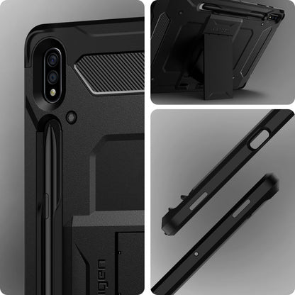 ACS01609 - Galaxy Tab S8 Plus Case Tough Armor Pro in black showing front and back and side.
