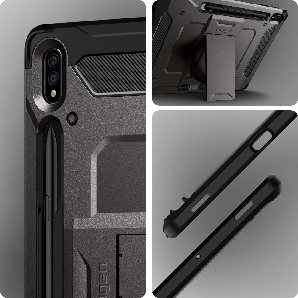 ACS01608 - Galaxy Tab S8 Plus Case Tough Armor Pro in gunmetal showing front and back and side.