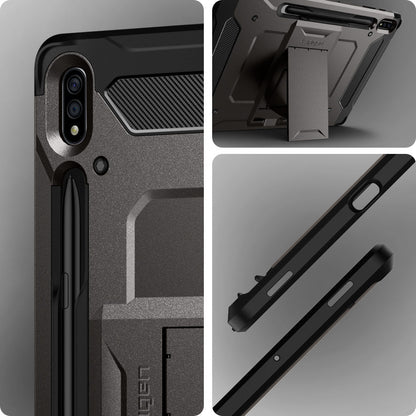 ACS01608 - Galaxy Tab S8 Plus Case Tough Armor Pro in gunmetal showing front and back and side.
