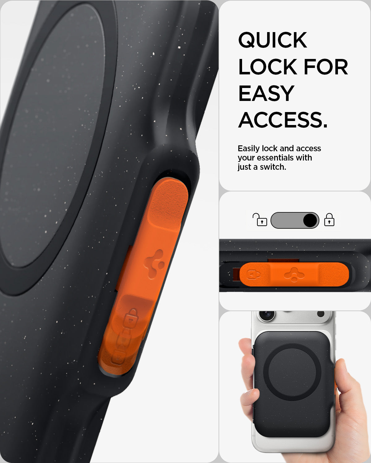 AFA07617 - MagSafe Card Holder Tintap (MagFit) in Black showing quick lock for easy access