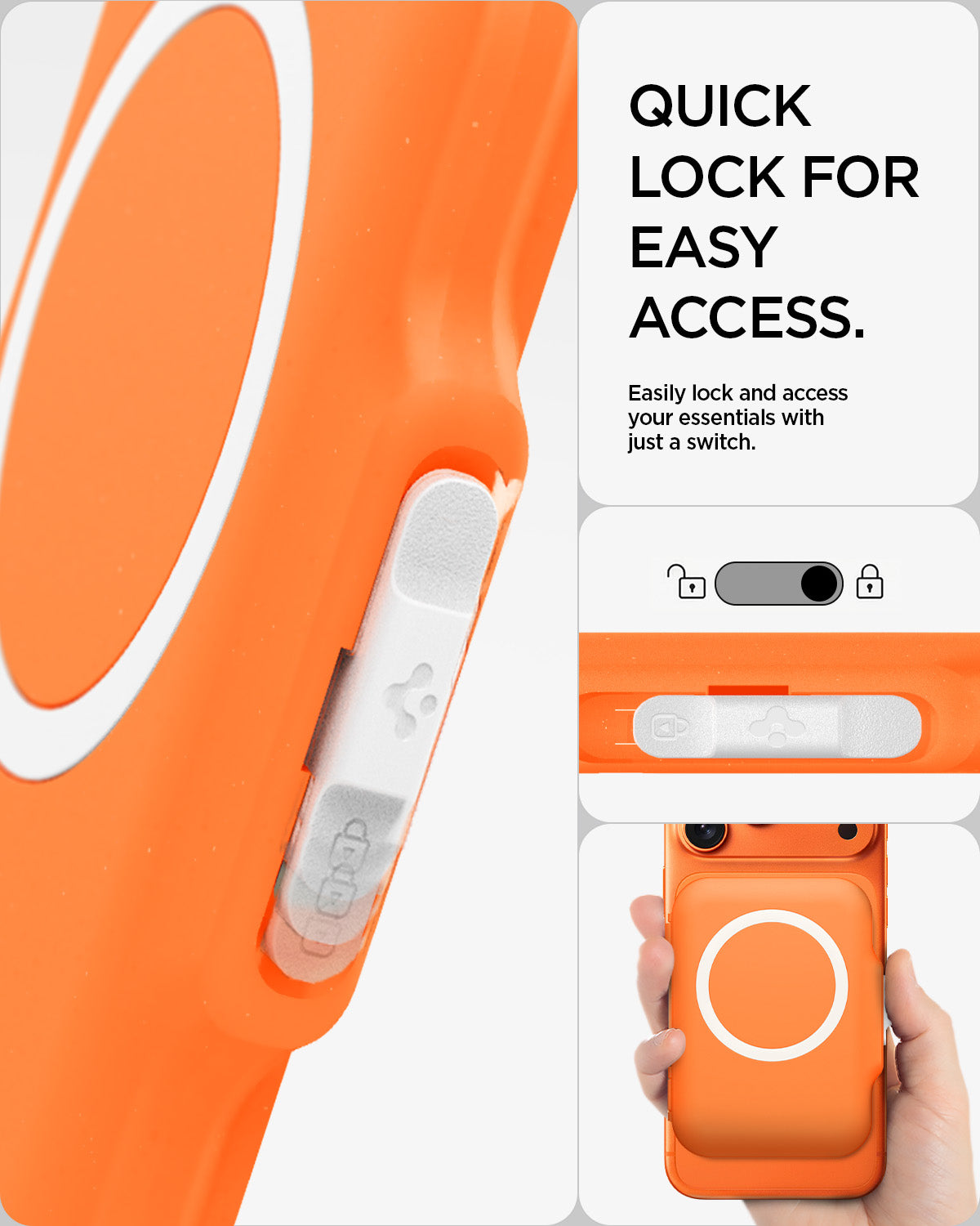 AFA11380 - MagSafe Card Holder Tintap (MagFit) in Orange showing quick lock for easy access