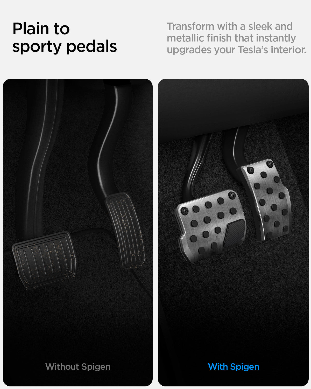 ACP04510 - Tesla Series - Pedal Cover | TO200 showing the plain to sporty pedals. Transform with a sleek and metallic finish that instantly upgrades your Tesla's interior
