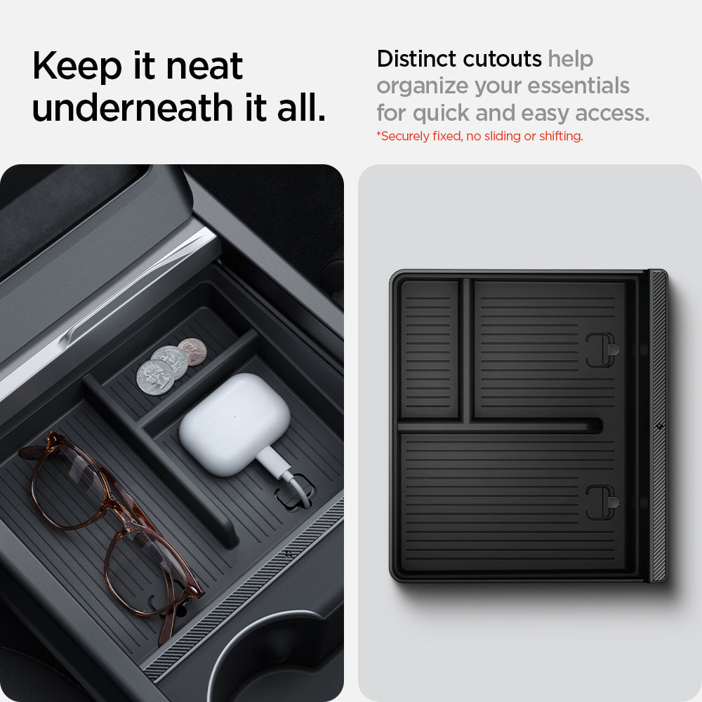 ACP07407 - Model 3 (2024-2025) Highland | Model Y (2025) Refresh Center Console Organizer Upper Tray Non Slide | TO220H showing the distinct cutouts help organize your essentials for quick and easy access. (Securely fixed, no sliding or shifting)