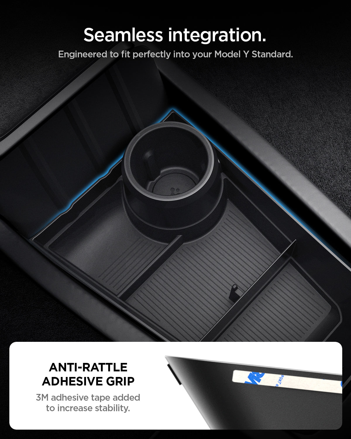 ACP11169 - Tesla Series - Center Console Organizer Lower Tray | TO220LYS in Black showing seamless integration