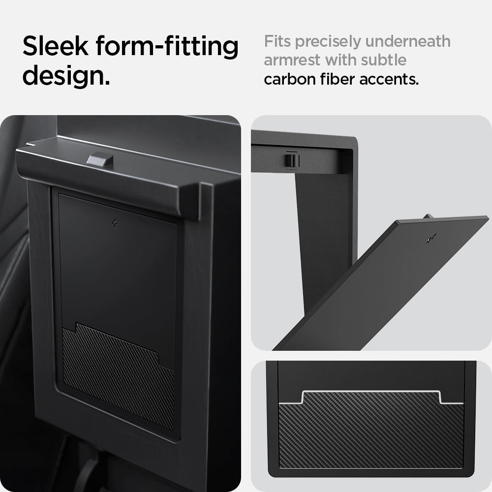 ACP04509 - Tesla Model Y & 3 - Center Console Hidden Storage Box sleek form fitting design. Fits precisely underneath armrest with subtle carbon fiber accents.