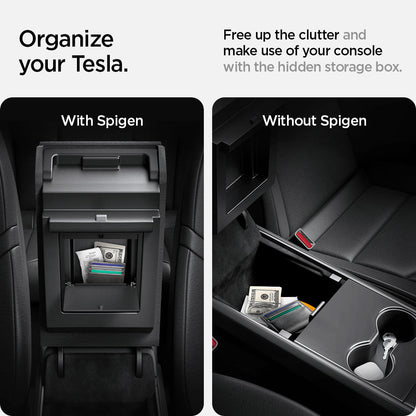 ACP04509 - Tesla Model Y & 3 - Center Console Hidden Storage Box organize your tesla. Free up the clutter and make use of your console with the hidden storage box. Compare with and without spigen.