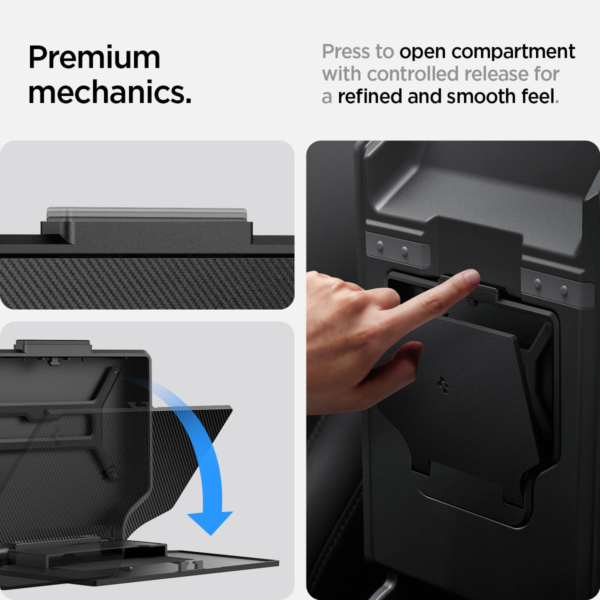 ACP07408 - Tesla Model Y 2025 Refresh & 3 Highland - Center Console Hidden Storage Box premium mechanics. press to open compartment with controlled release for a refined and smooth feel.