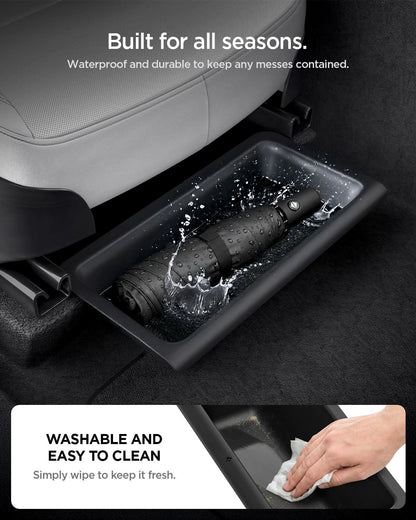 ACP10638 - Model Y Juniper (2025+) 1PK Underseat Organizer Box | TO222J showing built for all seasons. washable and easy to clean. simply wipe to keep it fresh