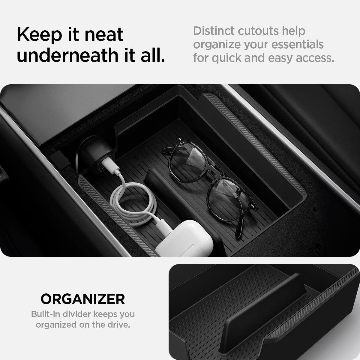 ACP06258 - Tesla Model 3 & Y Armrest Console Organizer in black showing keep it neat underneath it all