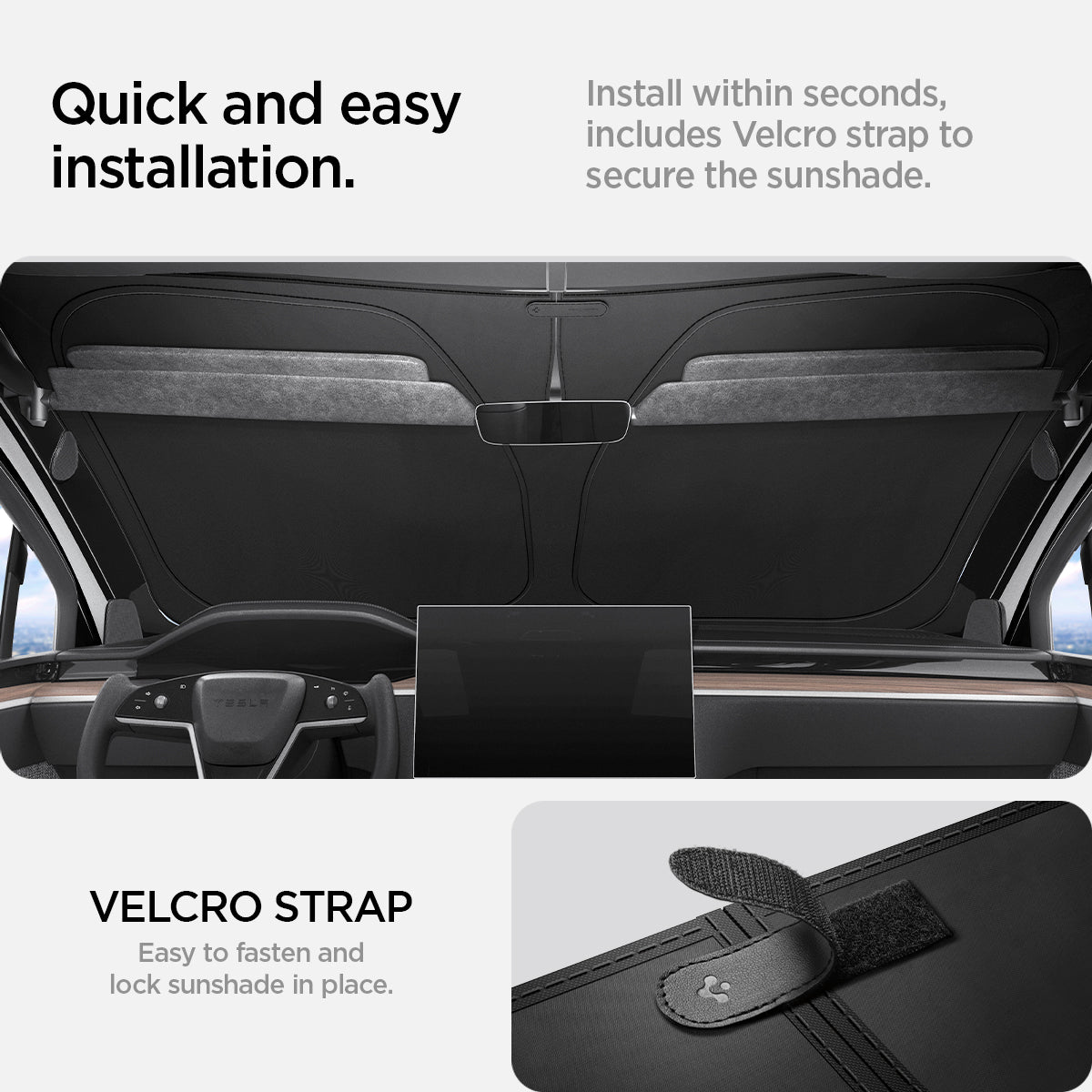ACP09094 - Tesla Model X TO263 (2022-2025) Cryoshade in black quick and easy installation. install within seconds, includes Velcro strap to secure the sunshade. Velcro strap. easy to fasten and lock sunshade in place.