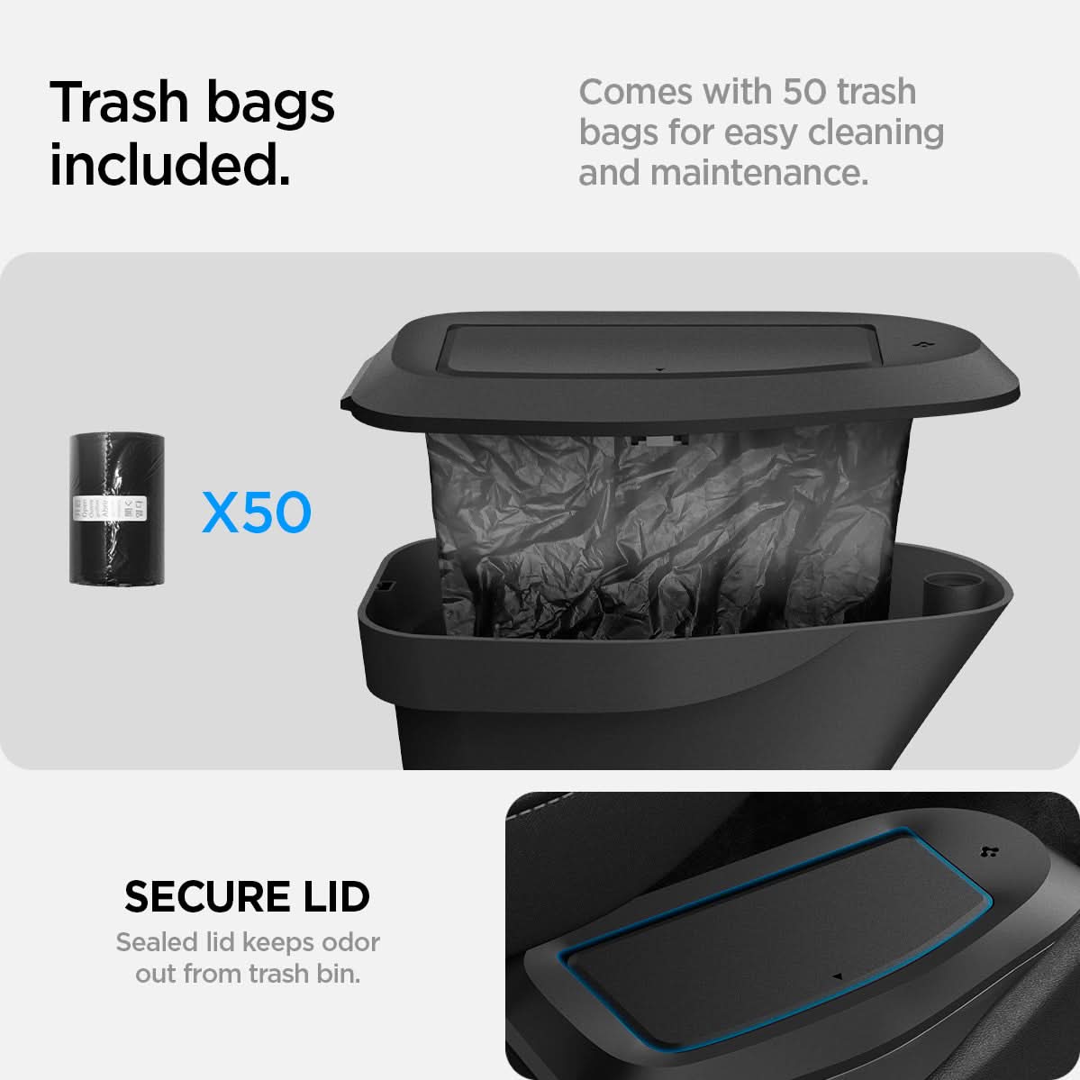 ACP09184 - Tesla Series Car Trash Bin TO282 H trash bags included. Comes with 50 trash bags for easy cleaning and maintenance. Secure lid. sealed lid keeps odor out from trash bin.