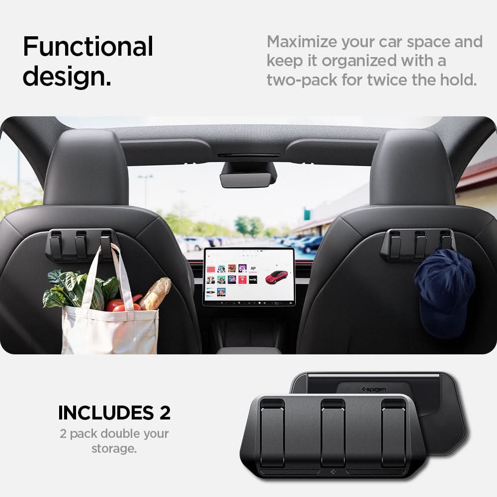 ACP09201 - Tesla Model 3 (2017-2023) Car Seat Hook TO283 in Black showing the functional design. Maximize your car space and keep it organized with a two-pack for twice the hold. Includes 2 pack
