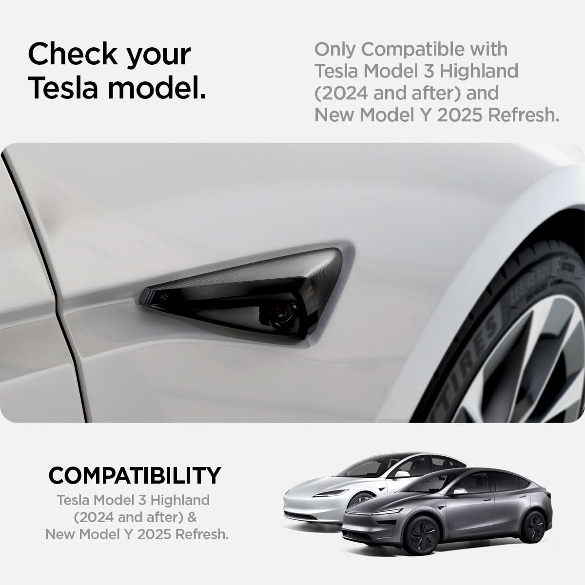 ACP07124 - Tesla Model 3 Highland Front Fender Camera Cover TO410 showing the compatibility, designed for precise fitment only for Tesla Model 3 Highland (2024) and Model Y (2025) Refresh