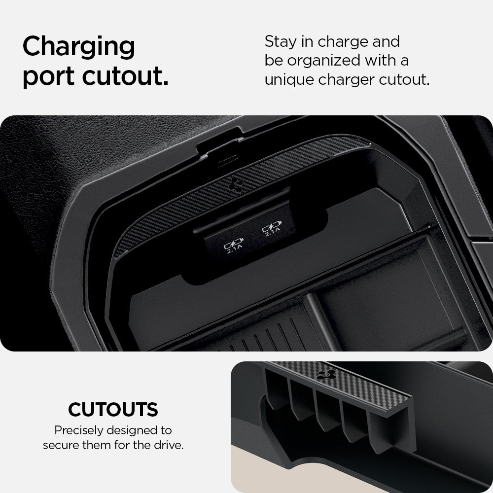 ACP08895 - Toyota Armrest Console Organizer TYO220 in Black showing the charging port cutout. Stay in charge and be organized with a unique charger cutout. Precisely designed to secure them for the drive