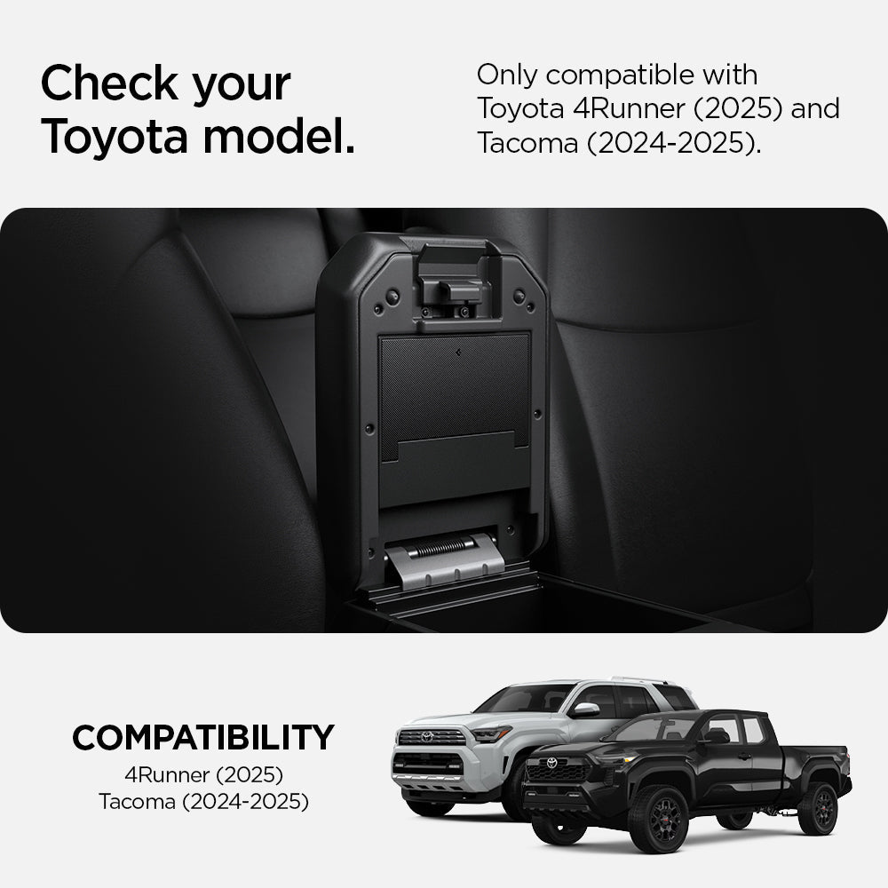 ACP09215 - Toyota Series - Center Console Hidden Storage Box | TYO221 showing the compatibility only with toyota 4Runner (2025) and Tacoma (2024-2025)