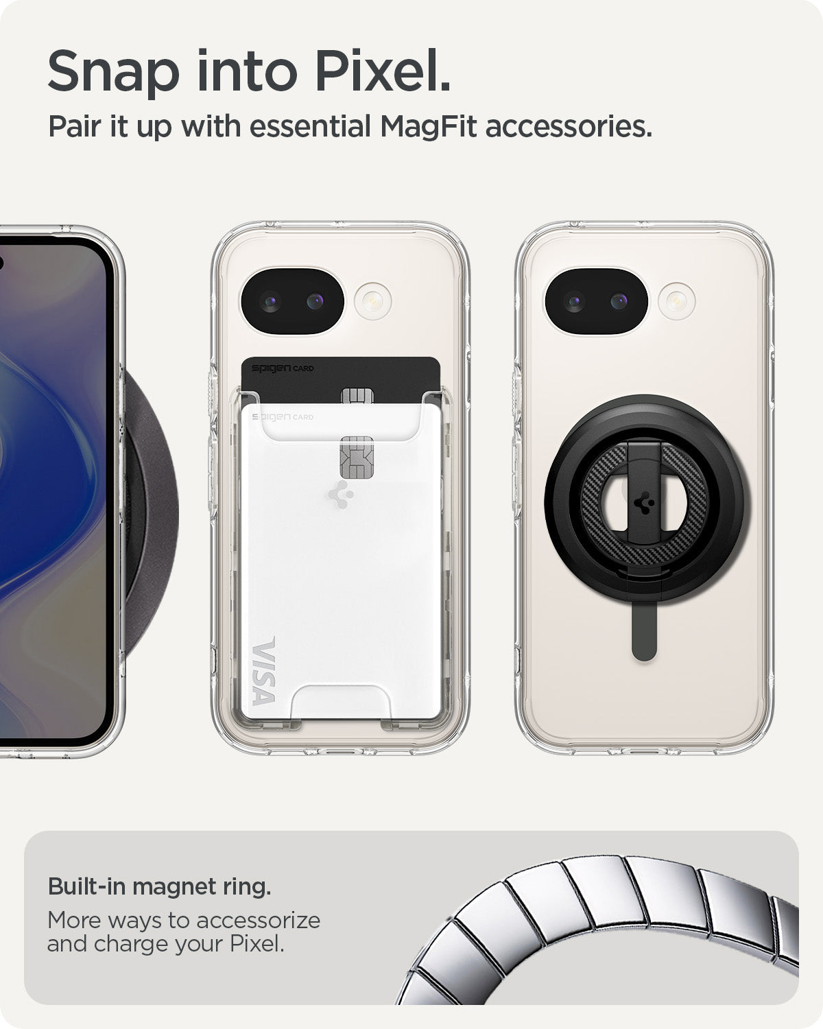 ACS11277 - Pixel 10a Ultra Hybrid Metal Ring (Mag Fit) in Clear Graphite showing snap into pixel. pair it up with essential magfit accessories