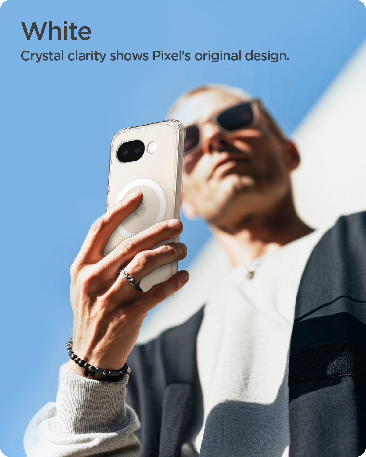 ACS11276 - Pixel 10a Ultra Hybrid Metal Ring (Mag Fit) in Clear White showing crystal clarity shows pixel's original design