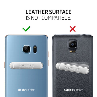 000EM21073 - U100 Universal Kickstand (Metal) in rose gold showing the compatibility. Leather surface is not compatible