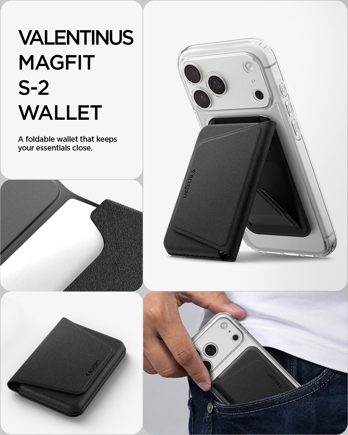 AFA11978 - MagSafe Card Holder Valentinus S-2 (Mag Fit) in Black showing the foldable magnetic wallet attached to a phone with views of its compact design and portable form.