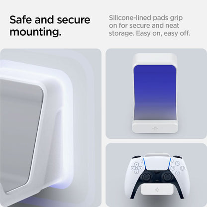 AMP06397 - PlayStation 5 Controller Mount | VG300 in White showing the safe and secure mounting. Silicone-lined pads grip on for secure and neat storage. Easy on, easy off