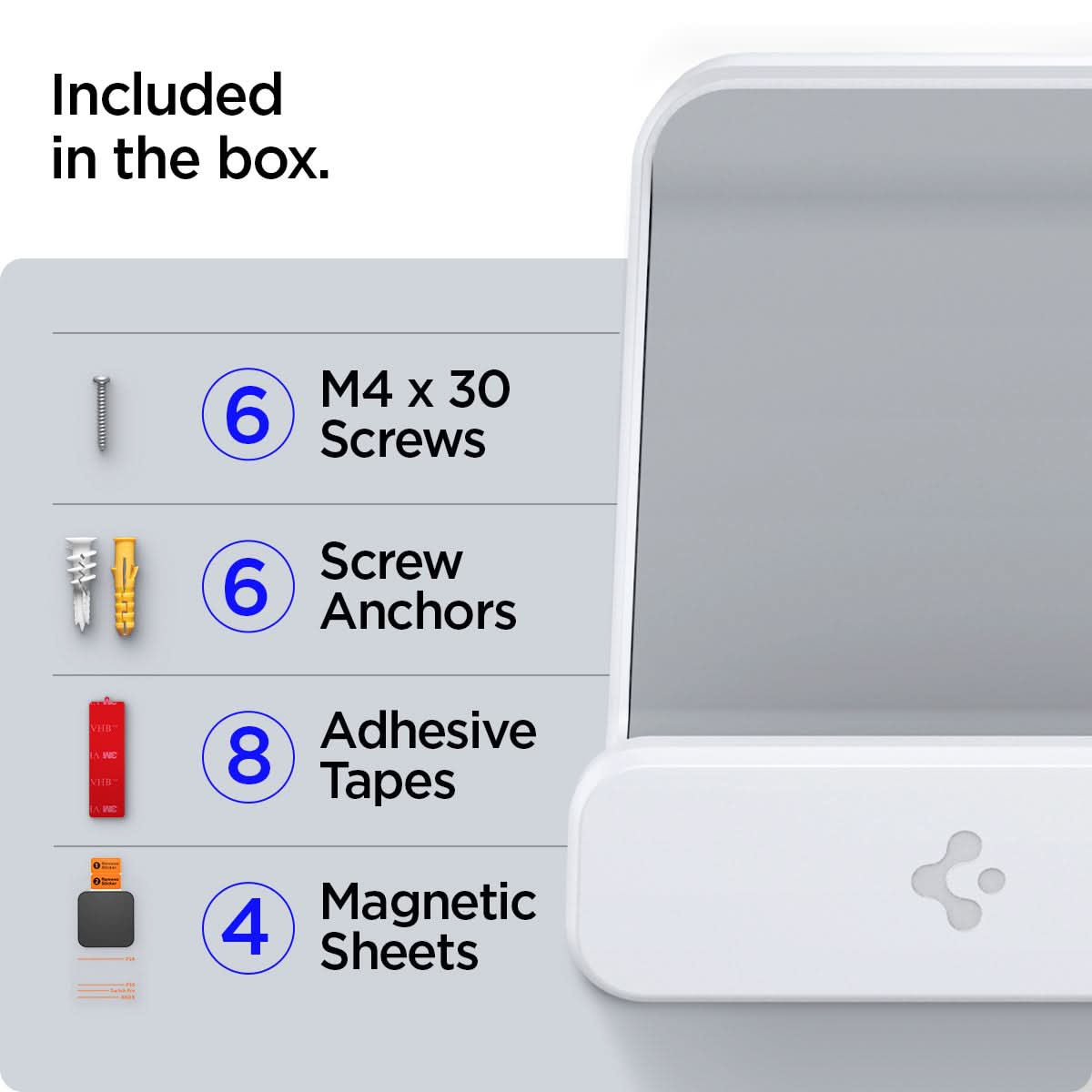AMP06397 - PlayStation 5 Controller Mount | VG300 in White showing the what's included in the box. 6 M4 x 30 screws, 6 screw anchors, 8 adhesive tapes and 4 magnetic sheets