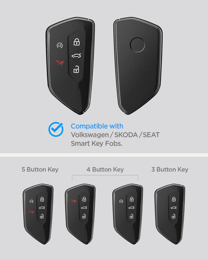 ACS10426 - Volkswagen Key Fob Cover | VK100 in Matte Black showing the compatibility. Compatible only with Volkswagen/SKODA/SEAT Smart Key Fobs. 5 button key, 4 button key, 3-button key.
