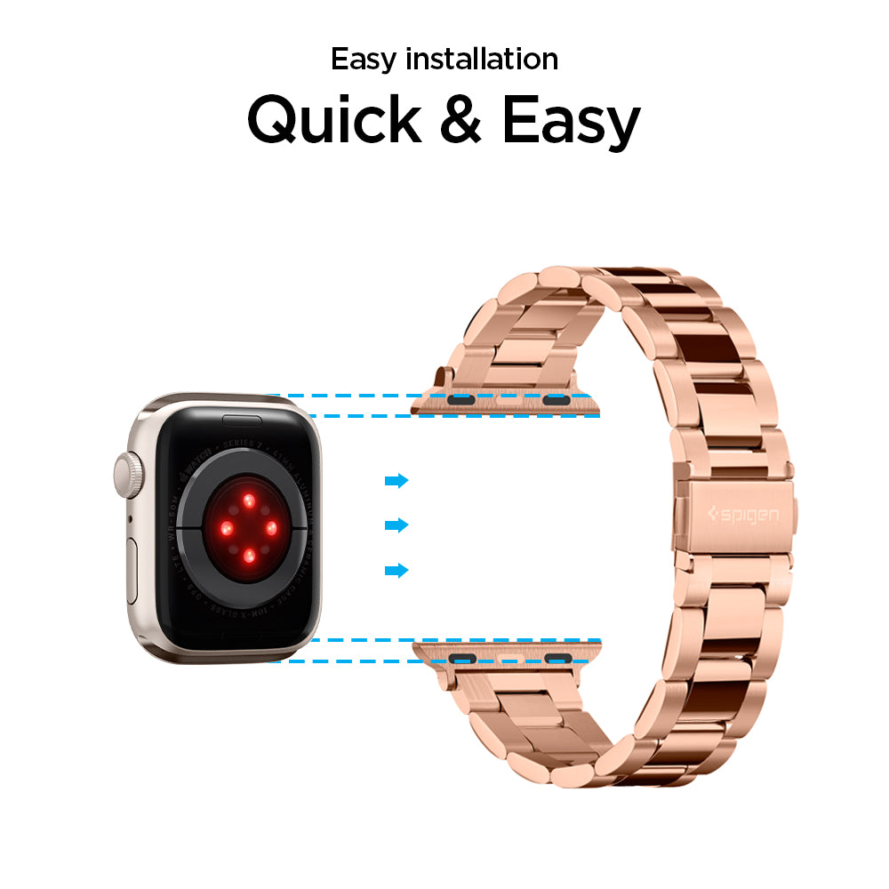 061MP25944 - Apple Watch Series 11/10 42mm, 9/8/7 41mm, SE3/SE2/SE/6/5/4 40mm, 3/2/1 38mm Modern Fit Rose Gold showing easy installation. quick and easy