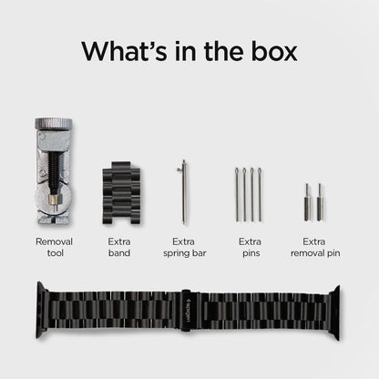 062MP25403 - Apple Watch Ultra 3/2/Ultra 49mm, Series 11/10 46mm, 9/8/7 45mm, SE3/SE2/SE/6/5/4 44mm, 3/2/1 42mm Modern Fit Black showing what's in the box. Removal tool. extra band, extra spring bar, extra pins, extra removal pin