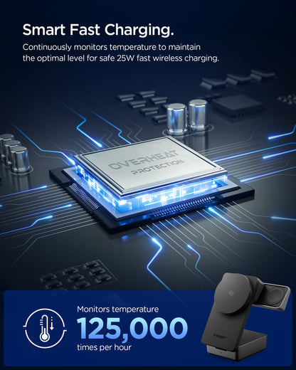 ACH10398 - Spigen 3-in-1 Fast Wireless Charger showing smart fast charging with internal temperature monitoring