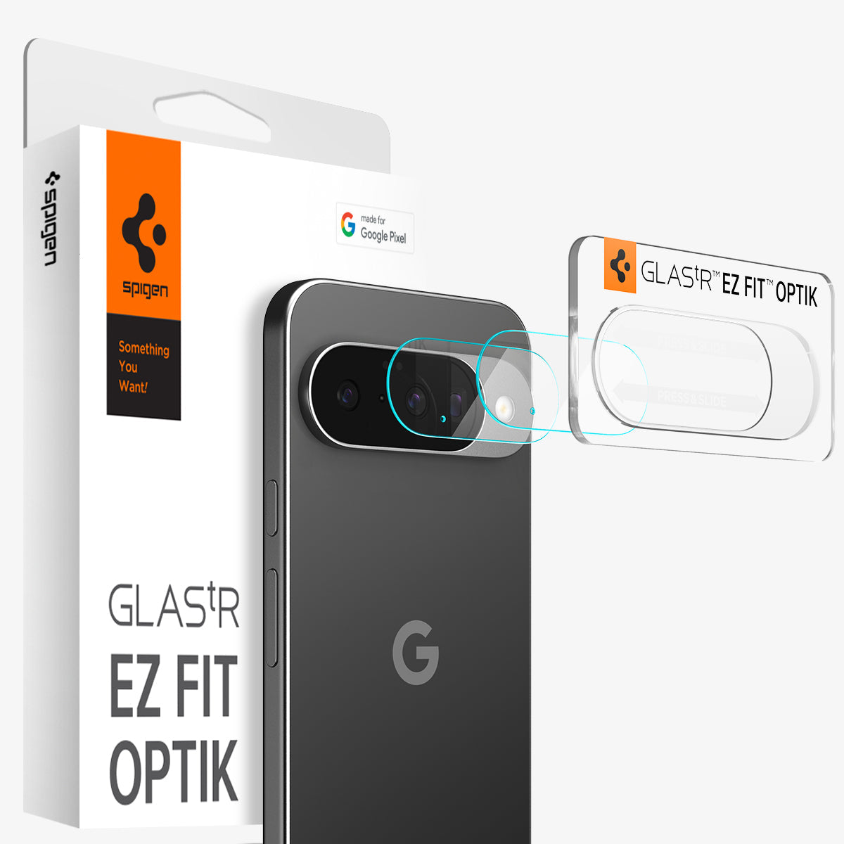 AGL09662 - Pixel 10 Pro Optik EZ Fit Lens Protector showing the installation tray hovering in front of the lens protector and the device, behind it, is the packaging