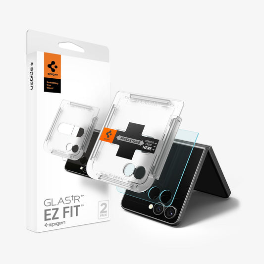 AGL09582 - Galaxy Z Flip 7 Screen Protector EZ Fit GLAS.tR showing the ez fit tray, device and packaging