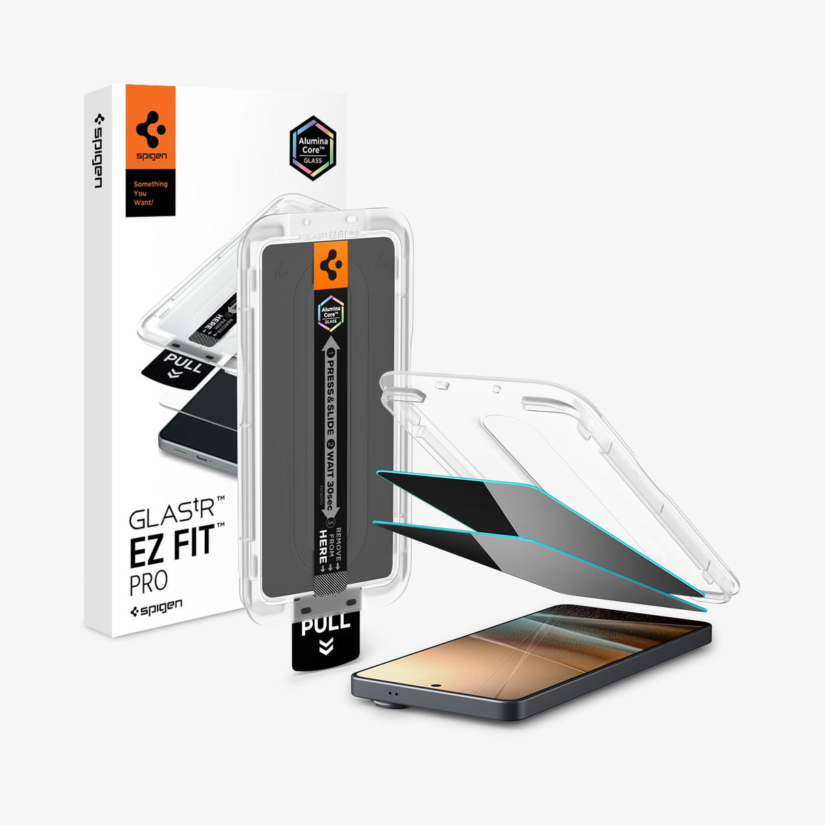 AGL11070 - Galaxy S26 Ultra GLAS.tR EZ Fit Pro | Privacy showing the installation tray hovering above the 2 screen protector and the device, beside it is another installation tray with case