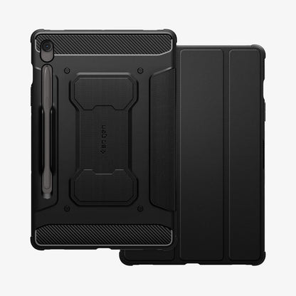ACS09381 - Galaxy Tab S10 FE+ Case Rugged Armor Pro in Matte Black showing the back and partial front