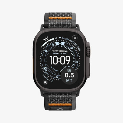 AMP10607 - Apple Watch Ultra Athlex Air 2 band black orange featuring rugged woven strap and Apple Watch Ultra with navigation focused watch face