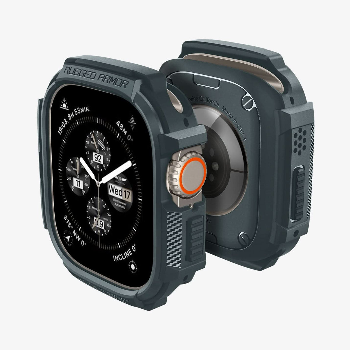 ACS07383 - Apple Watch (49mm) Rugged Armor in Abyss Green showing the front face, back and partial sides of 2 watches facing each others back