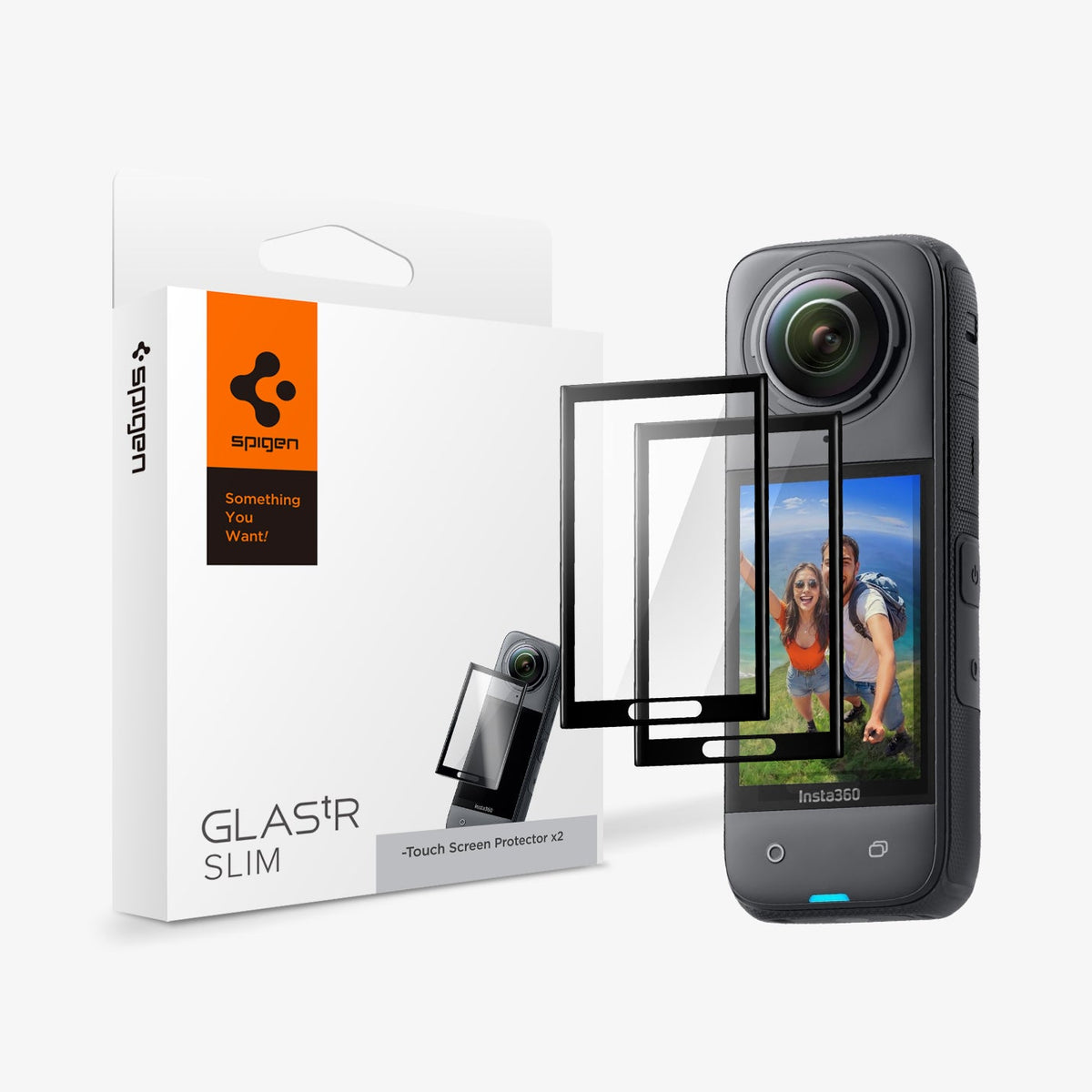 AGL09309 - X4 Insta360 Glas.tR SLIM in Black showing 2 screen protector hovering in front of the device and beside is the packaging