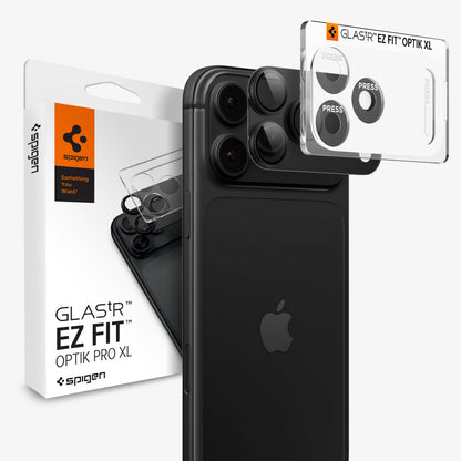 AGL12035 - iPhone 18 Pro Optik Pro XL EZ Fit Lens Protector in Dark Gray showing a camera lens protector with an alignment tray and retail packaging.