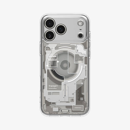 ACS10072 - iPhone 18 Pro / iPhone 17 Pro Ultra Hybrid Zero One (MagFit) Natural Titanium showing a clear case with a detailed teardown-inspired back design and integrated magnetic ring