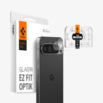 AGL08446 - Pixel 9 Pro XL Case Optik EZ Fit Lens Protector in Crystal Clear showing the installation tray hovering in front of the lens protector and the device, behind it, is the packaging