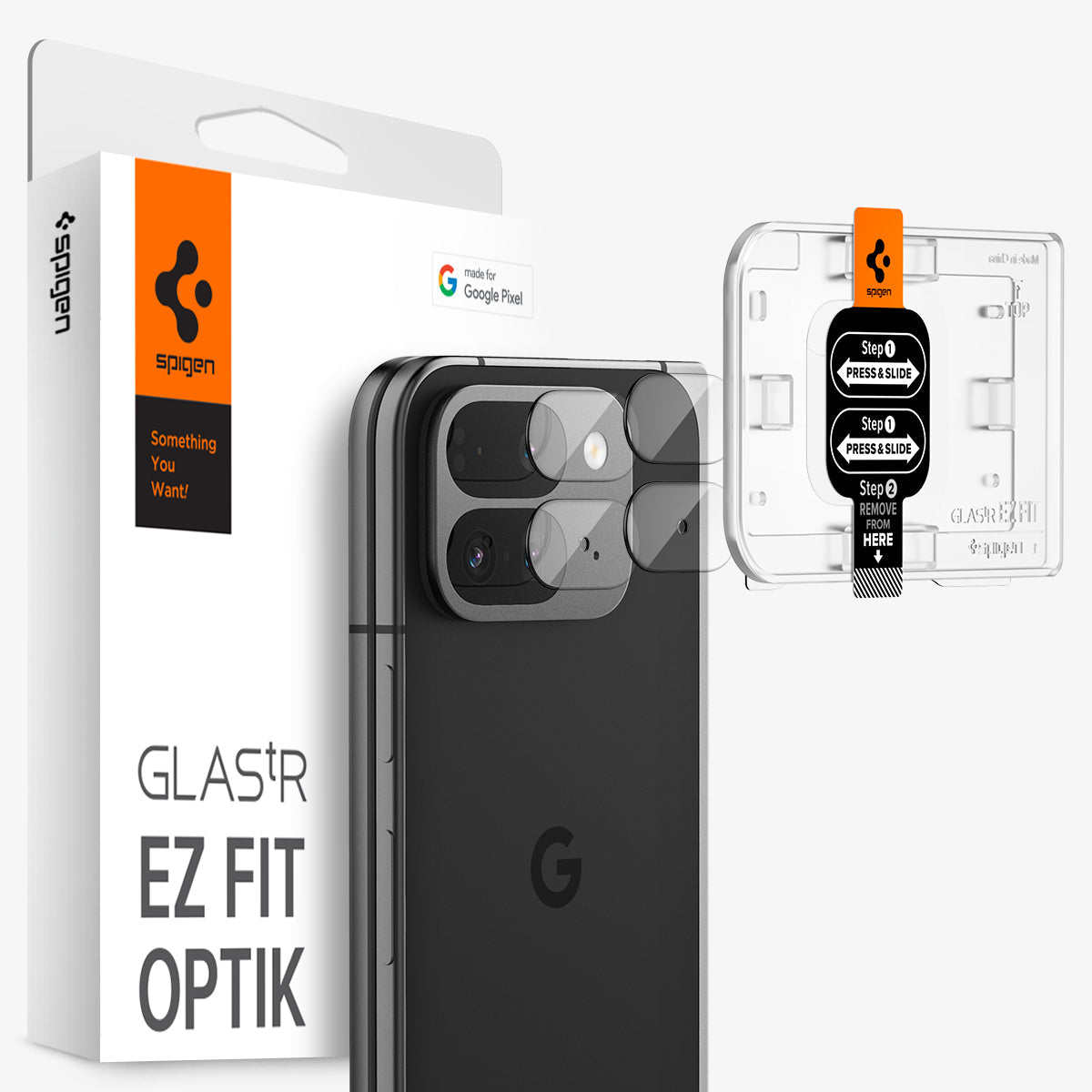 AGL09107 - Pixel 9 Pro Fold Optik EZ Fit Lens Protector in Crystal Clear showing the installation tray hovering in front of the lens protector and the device, behind it, is the packaging